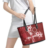 Kia Orana Cook Islands Tapa Floral With Cross Leather Tote Bag Crimson Red LT7 - Polynesian Pride