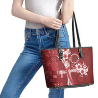 Kia Orana Cook Islands Tapa Floral With Cross Leather Tote Bag Crimson Red LT7 - Polynesian Pride