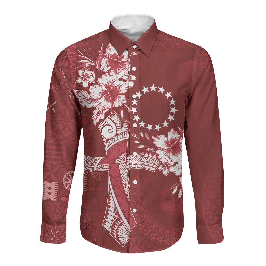 Kia Orana Cook Islands Tapa Floral With Cross Long Sleeve Button Shirt Crimson Red LT7 Unisex Crimson Red - Polynesian Pride