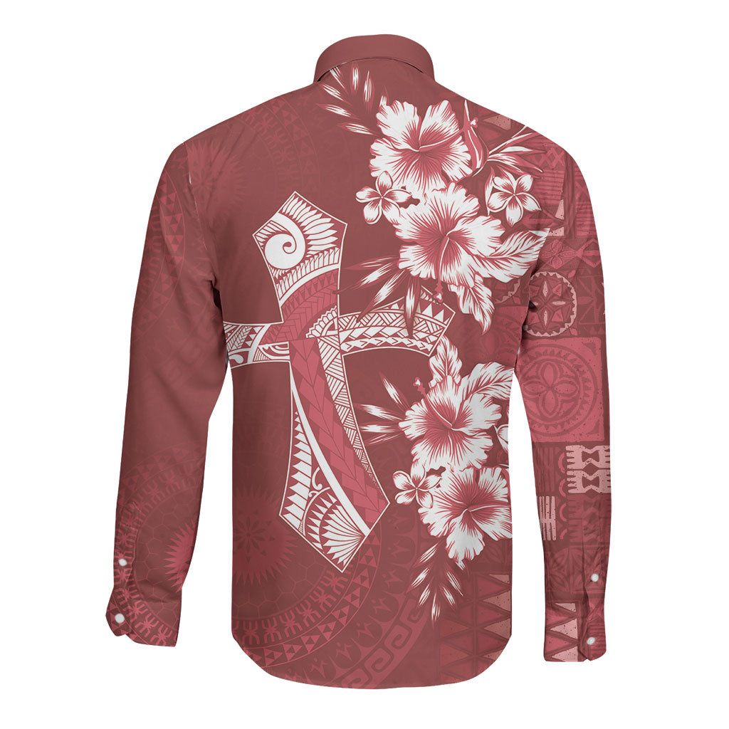 Kia Orana Cook Islands Tapa Floral With Cross Long Sleeve Button Shirt Crimson Red LT7 - Polynesian Pride
