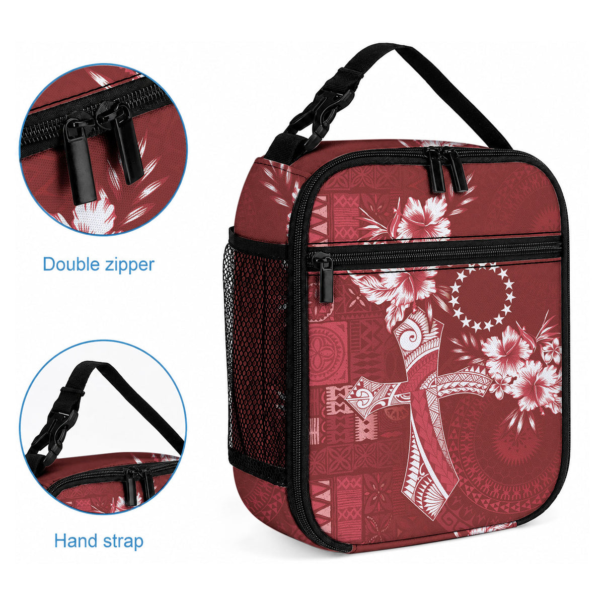Kia Orana Cook Islands Tapa Floral With Cross Lunch Bag Crimson Red LT7 - Polynesian Pride