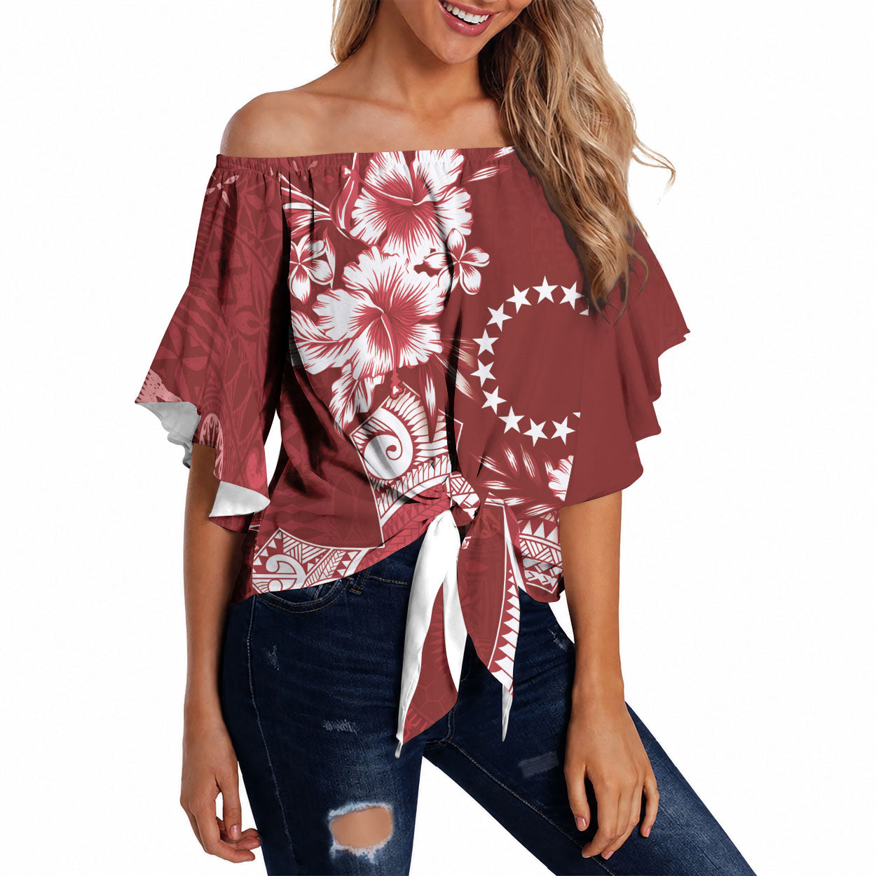 Kia Orana Cook Islands Tapa Floral With Cross Off Shoulder Wrap Waist Top Crimson Red LT7 Crimson Red - Polynesian Pride