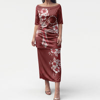 Kia Orana Cook Islands Tapa Floral With Cross Puletasi Crimson Red LT7 Long Dress Crimson Red - Polynesian Pride
