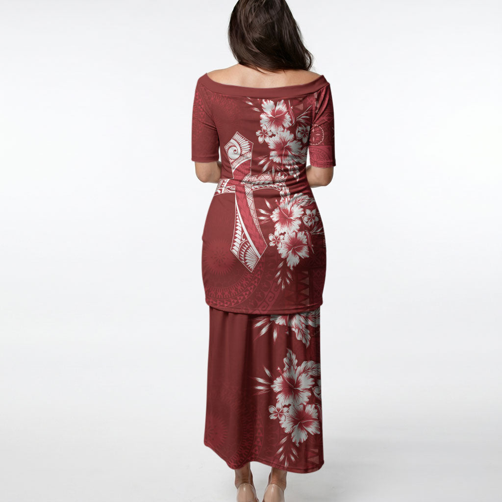 Kia Orana Cook Islands Tapa Floral With Cross Puletasi Crimson Red LT7 - Polynesian Pride