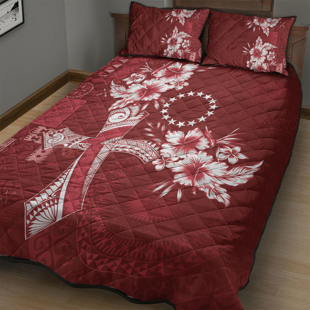 Kia Orana Cook Islands Tapa Floral With Cross Quilt Bed Set Crimson Red LT7 - Polynesian Pride