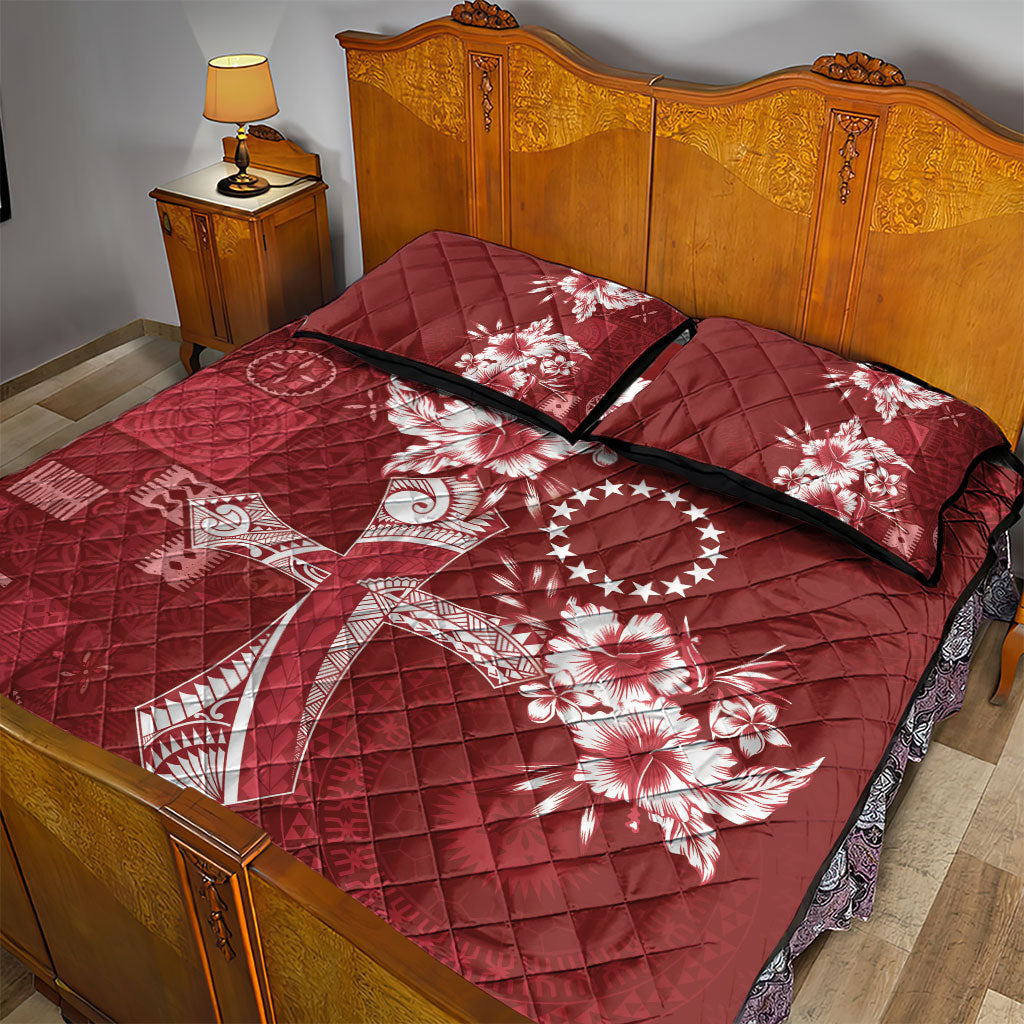 Kia Orana Cook Islands Tapa Floral With Cross Quilt Bed Set Crimson Red LT7 - Polynesian Pride