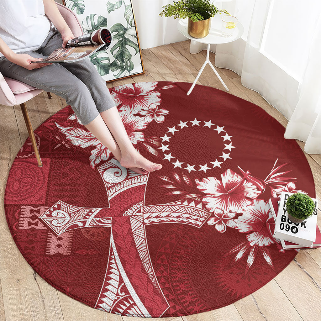 Kia Orana Cook Islands Tapa Floral With Cross Round Carpet Crimson Red LT7 - Polynesian Pride