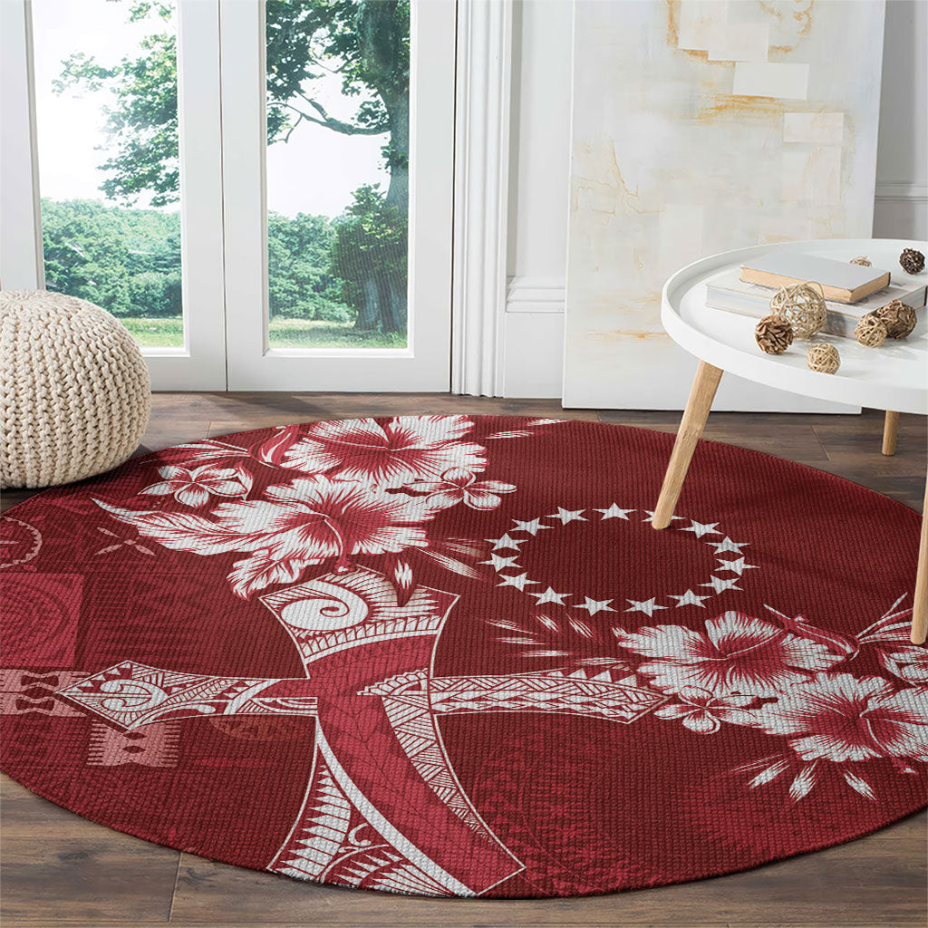 Kia Orana Cook Islands Tapa Floral With Cross Round Carpet Crimson Red LT7 - Polynesian Pride