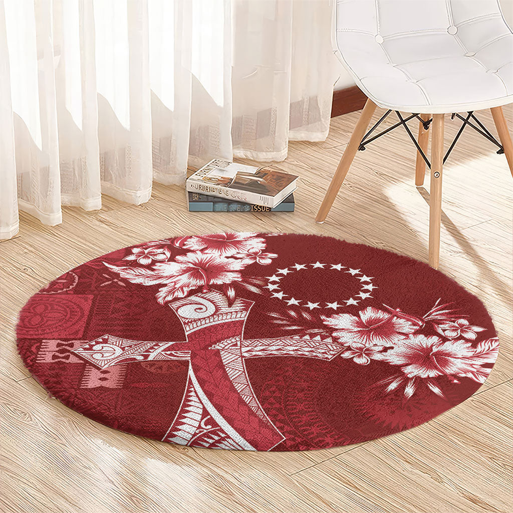 Kia Orana Cook Islands Tapa Floral With Cross Round Carpet Crimson Red LT7 - Polynesian Pride