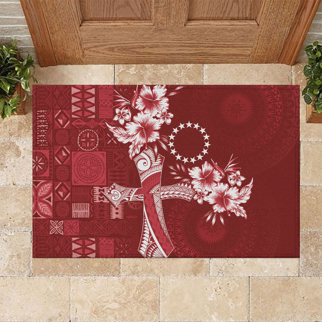 Kia Orana Cook Islands Tapa Floral With Cross Rubber Doormat Crimson Red LT7 Crimson Red - Polynesian Pride