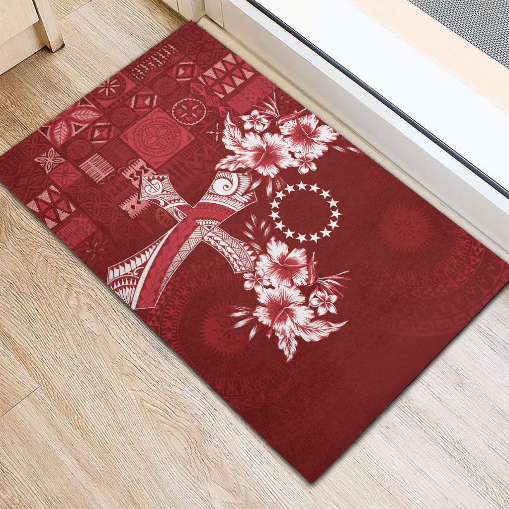 Kia Orana Cook Islands Tapa Floral With Cross Rubber Doormat Crimson Red LT7 - Polynesian Pride