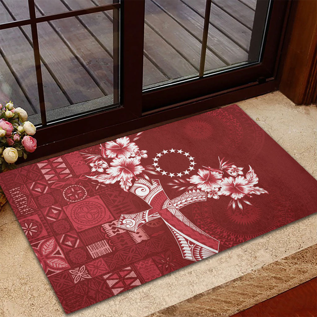 Kia Orana Cook Islands Tapa Floral With Cross Rubber Doormat Crimson Red LT7 - Polynesian Pride