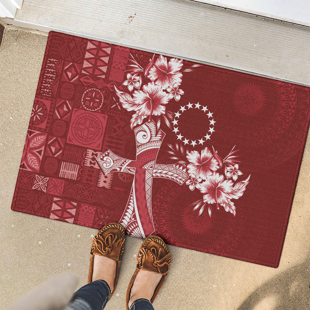 Kia Orana Cook Islands Tapa Floral With Cross Rubber Doormat Crimson Red LT7 - Polynesian Pride