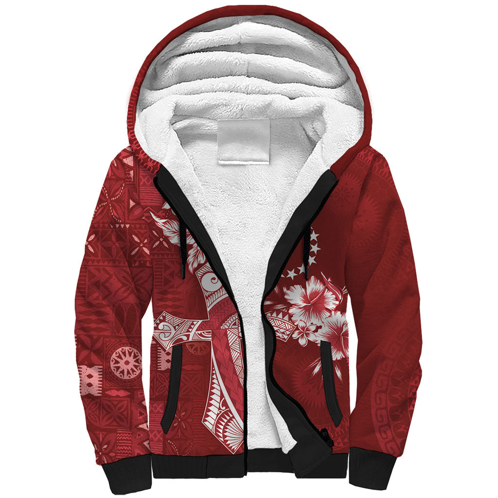 Kia Orana Cook Islands Tapa Floral With Cross Sherpa Hoodie Crimson Red LT7 Unisex Crimson Red - Polynesian Pride
