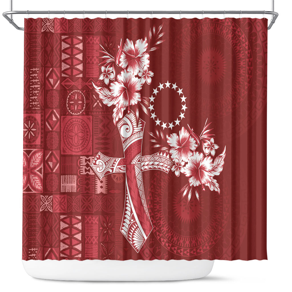 Kia Orana Cook Islands Tapa Floral With Cross Shower Curtain Crimson Red LT7 Crimson Red - Polynesian Pride