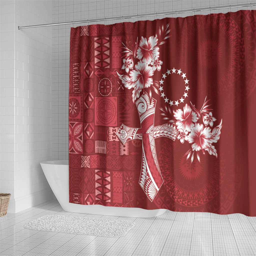 Kia Orana Cook Islands Tapa Floral With Cross Shower Curtain Crimson Red LT7 - Polynesian Pride