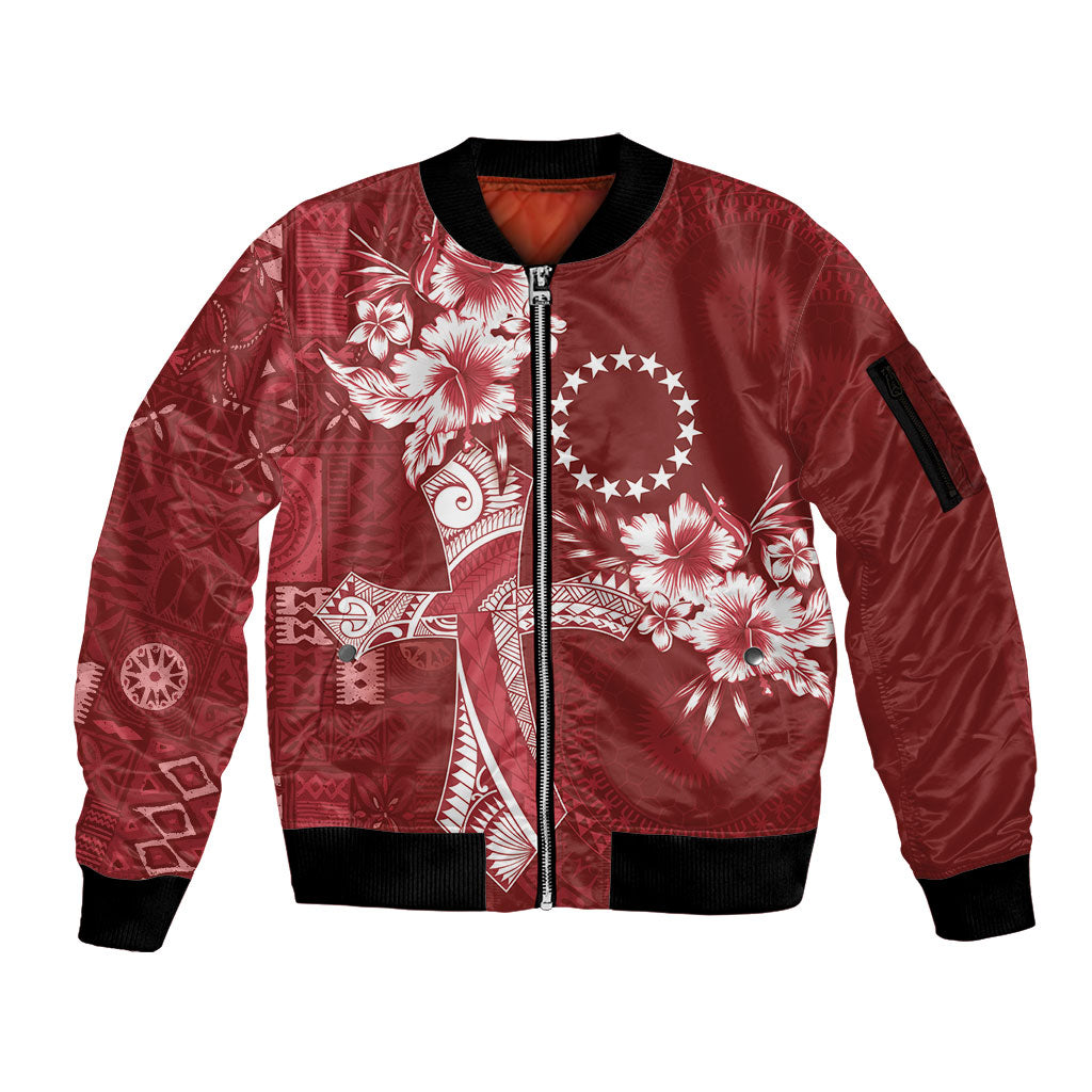 Kia Orana Cook Islands Tapa Floral With Cross Sleeve Zip Bomber Jacket Crimson Red LT7 Unisex Crimson Red - Polynesian Pride