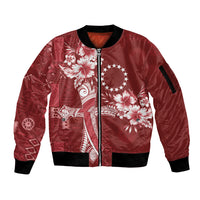 Kia Orana Cook Islands Tapa Floral With Cross Sleeve Zip Bomber Jacket Crimson Red LT7 Unisex Crimson Red - Polynesian Pride