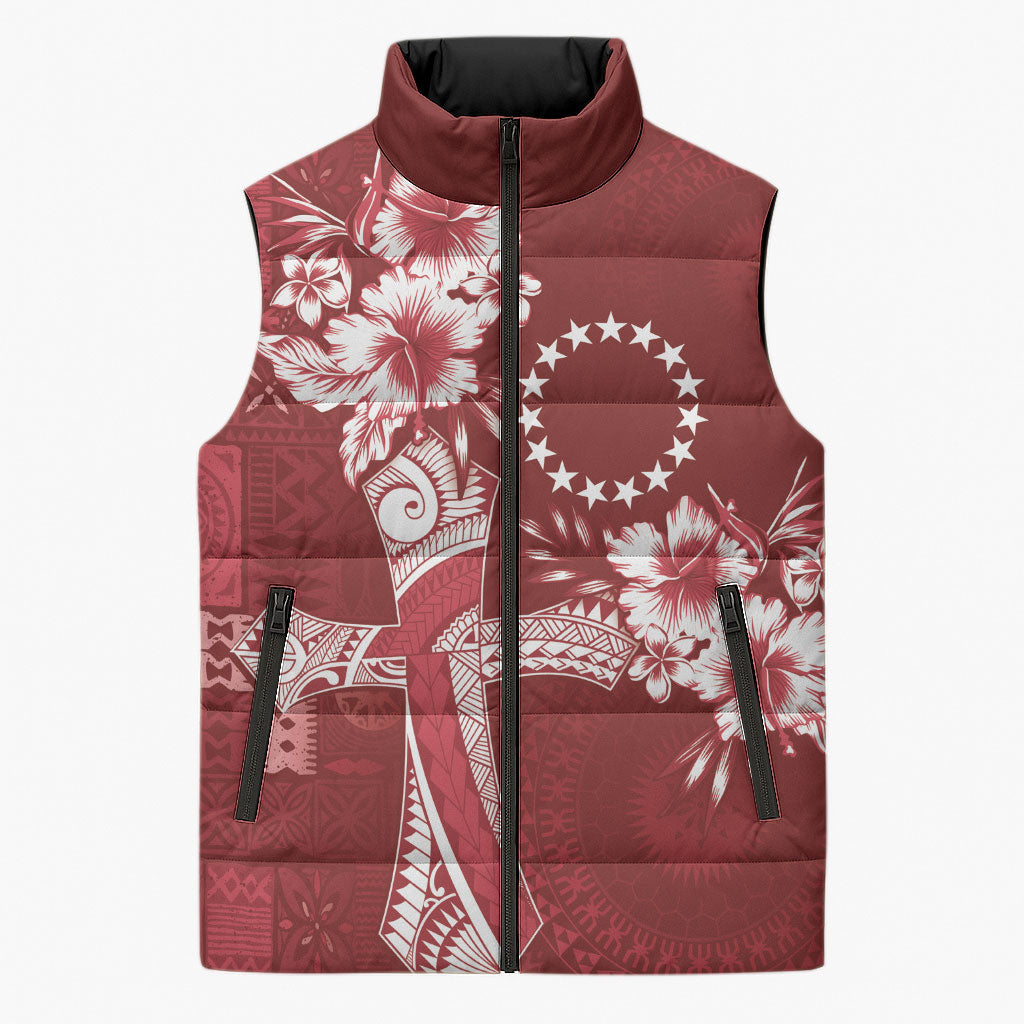 Kia Orana Cook Islands Tapa Floral With Cross Sleeveless Puffer Jacket Crimson Red LT7 Unisex Crimson Red - Polynesian Pride