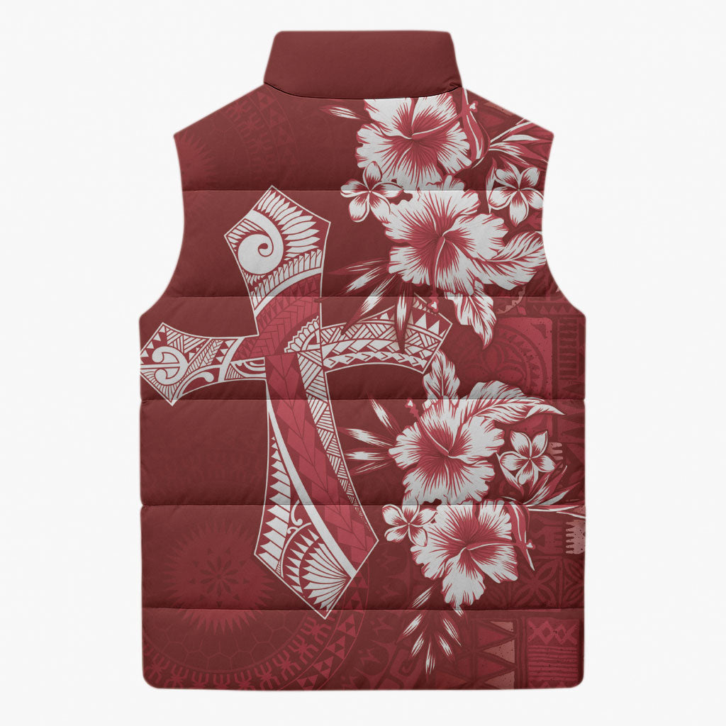 Kia Orana Cook Islands Tapa Floral With Cross Sleeveless Puffer Jacket Crimson Red LT7 - Polynesian Pride