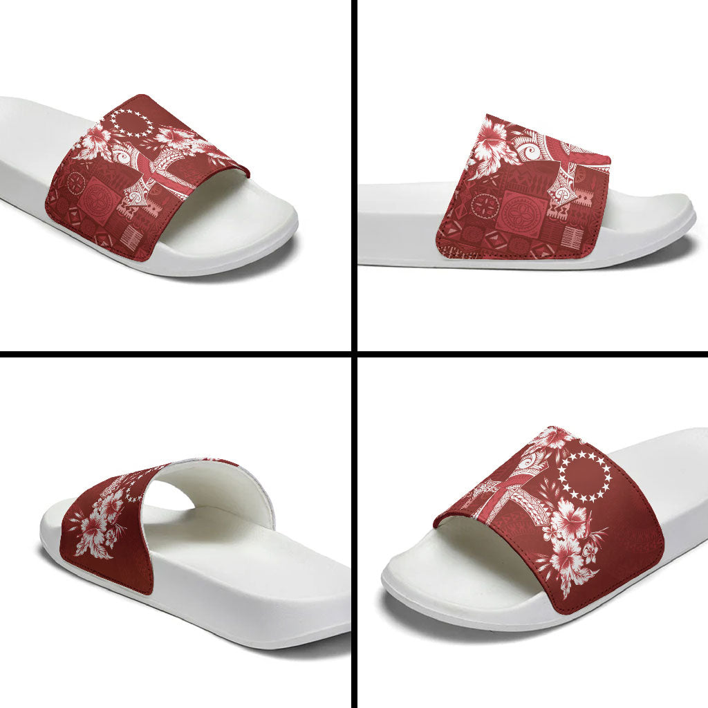 Kia Orana Cook Islands Tapa Floral With Cross Slide Sandals Crimson Red LT7 - Polynesian Pride