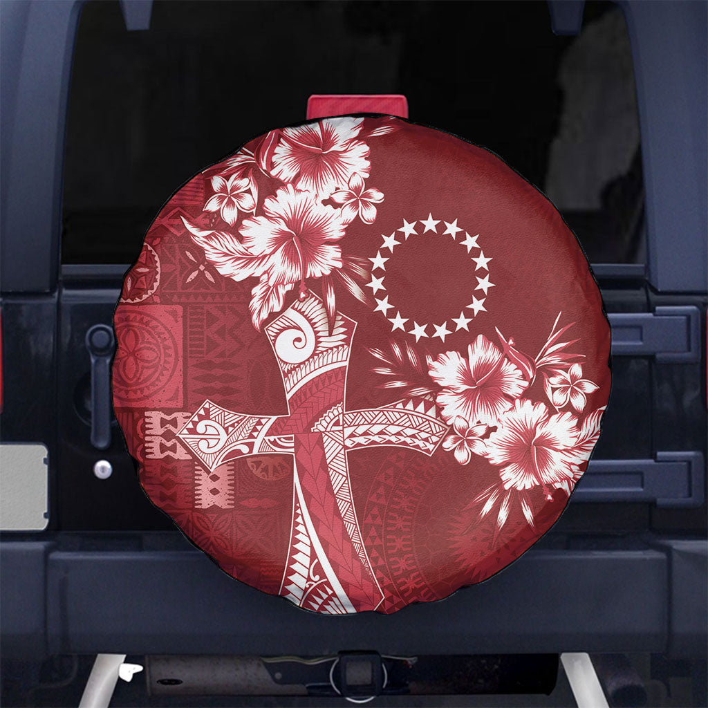 Kia Orana Cook Islands Tapa Floral With Cross Spare Tire Cover Crimson Red LT7 No hole Crimson Red - Polynesian Pride