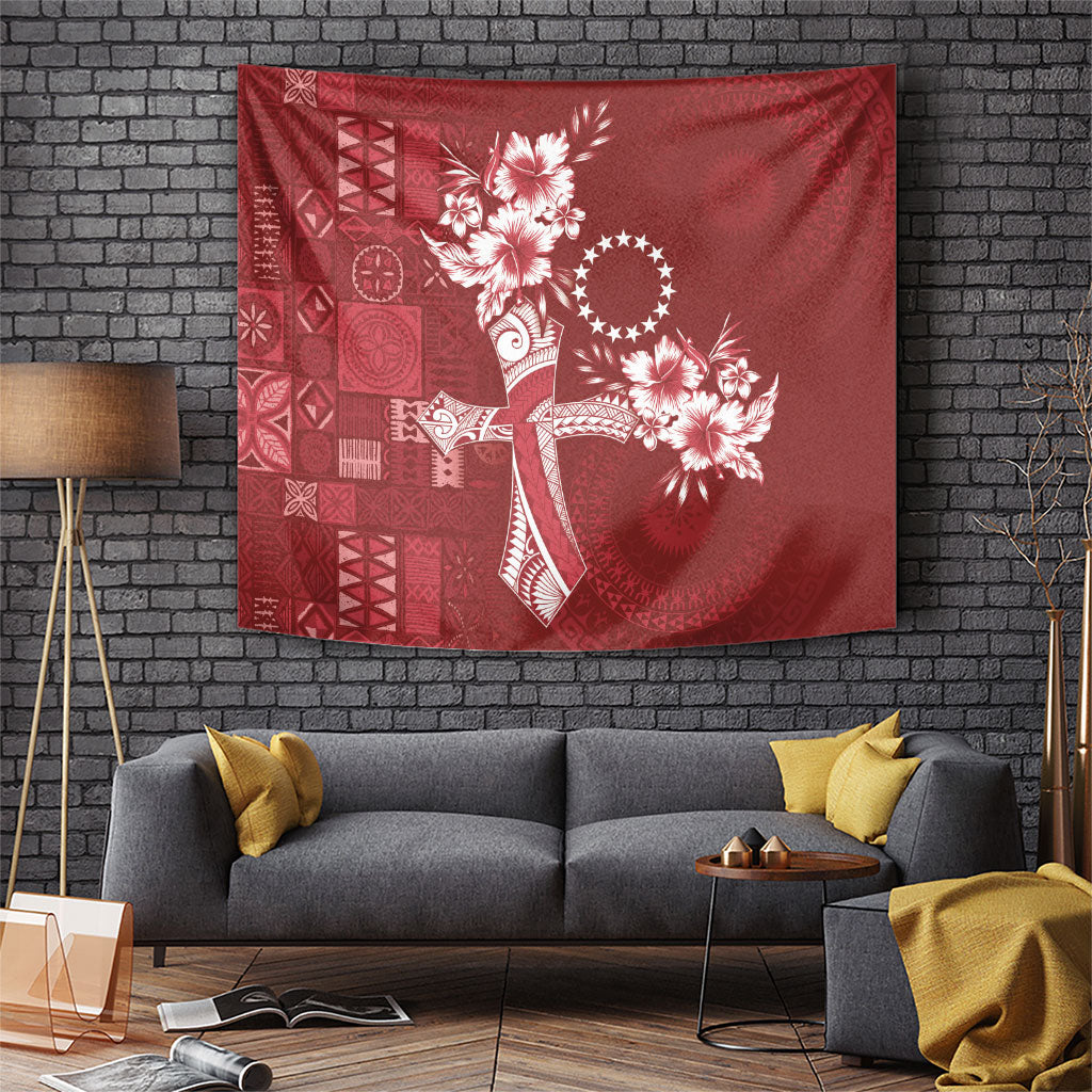 Kia Orana Cook Islands Tapa Floral With Cross Tapestry Crimson Red LT7 Crimson Red - Polynesian Pride