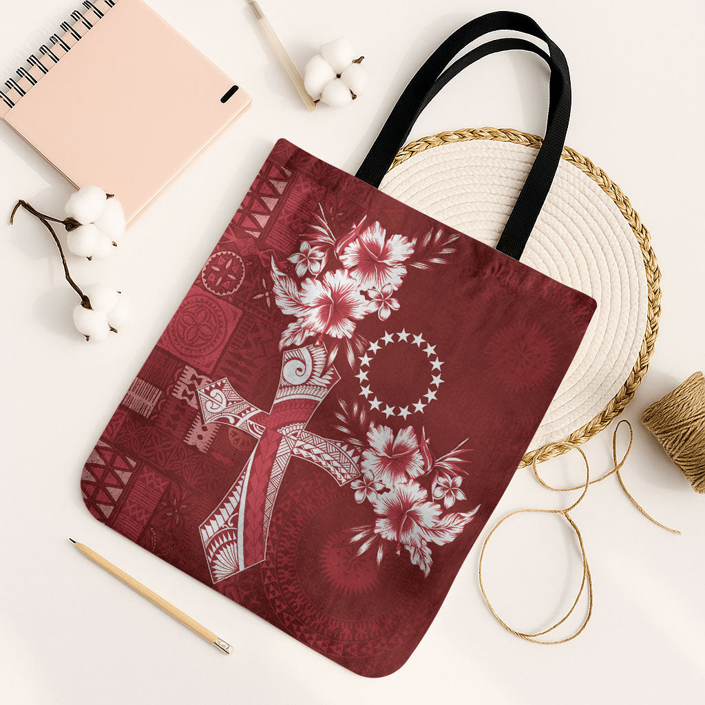 Kia Orana Cook Islands Tapa Floral With Cross Tote Bag Crimson Red LT7 Black Strap One Size Crimson Red - Polynesian Pride