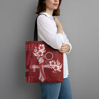 Kia Orana Cook Islands Tapa Floral With Cross Tote Bag Crimson Red LT7 - Polynesian Pride