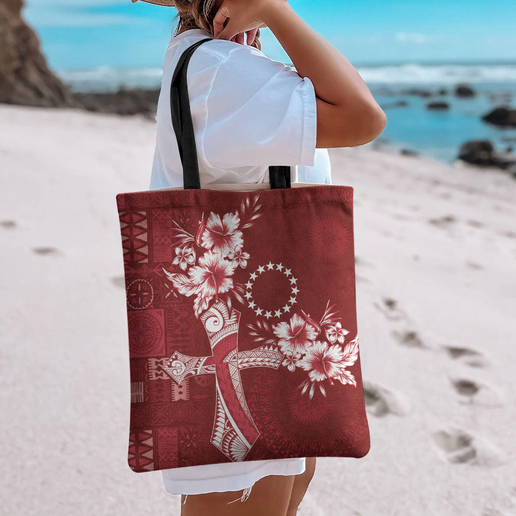 Kia Orana Cook Islands Tapa Floral With Cross Tote Bag Crimson Red LT7 - Polynesian Pride