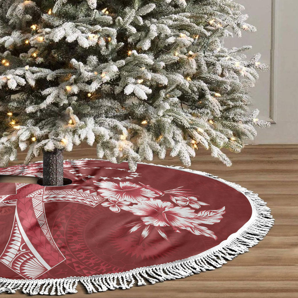 Kia Orana Cook Islands Tapa Floral With Cross Tree Skirt Crimson Red LT7 - Polynesian Pride