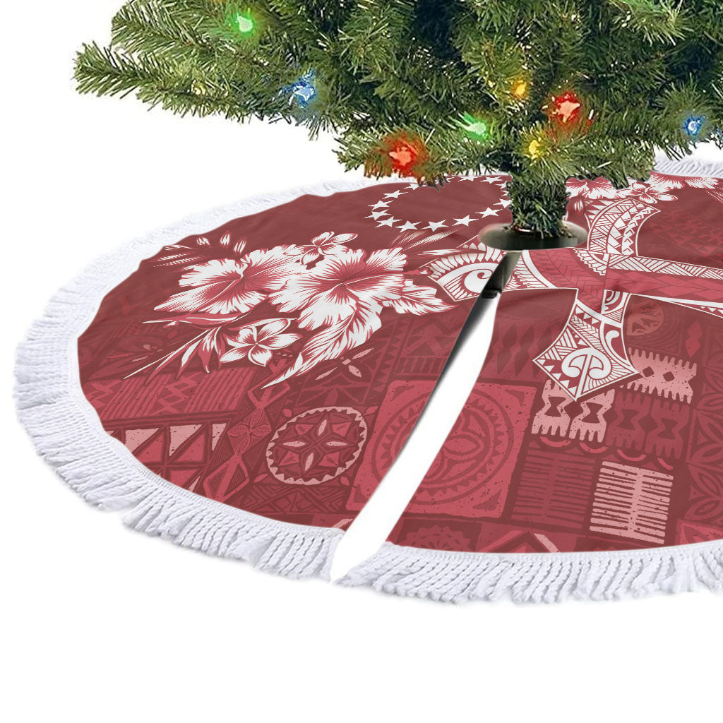 Kia Orana Cook Islands Tapa Floral With Cross Tree Skirt Crimson Red LT7 - Polynesian Pride