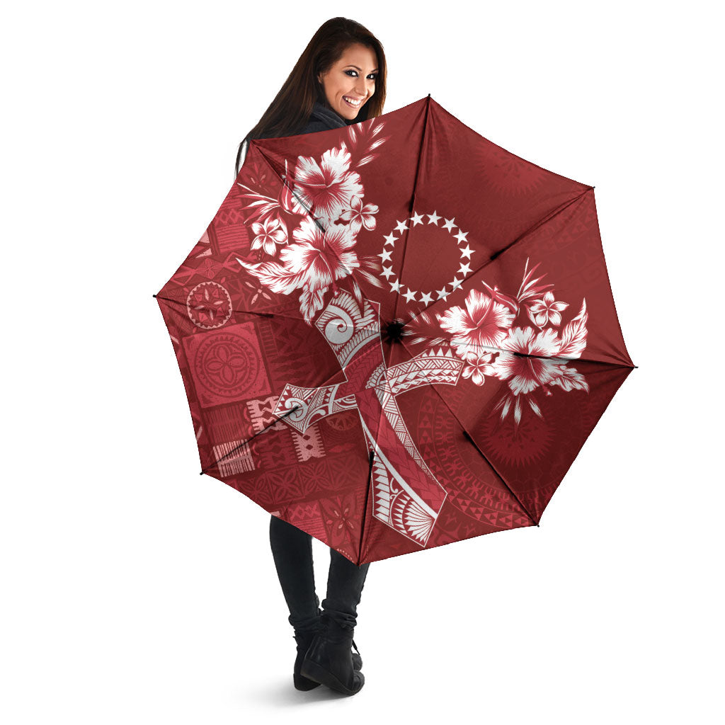 Kia Orana Cook Islands Tapa Floral With Cross Umbrella Crimson Red LT7 - Polynesian Pride