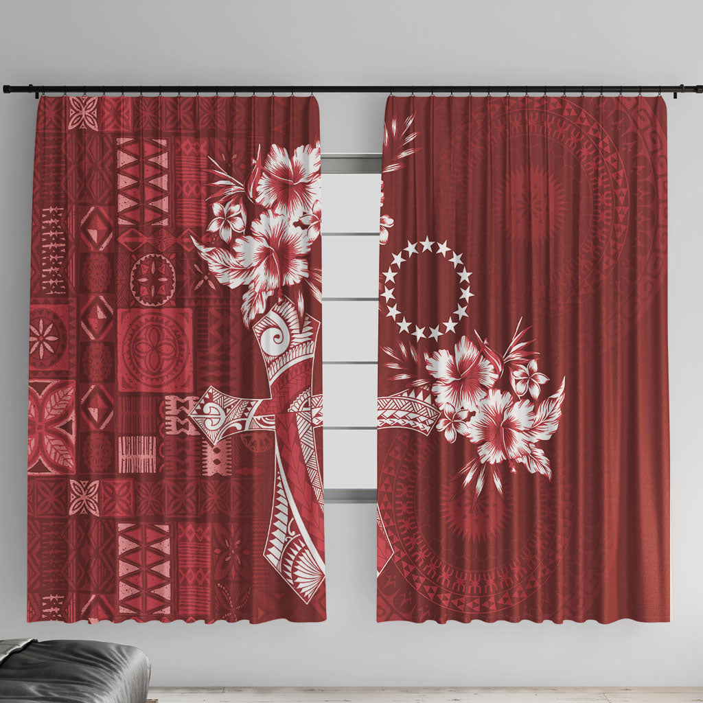 Kia Orana Cook Islands Tapa Floral With Cross Window Curtain Crimson Red LT7 With Hooks Crimson Red - Polynesian Pride