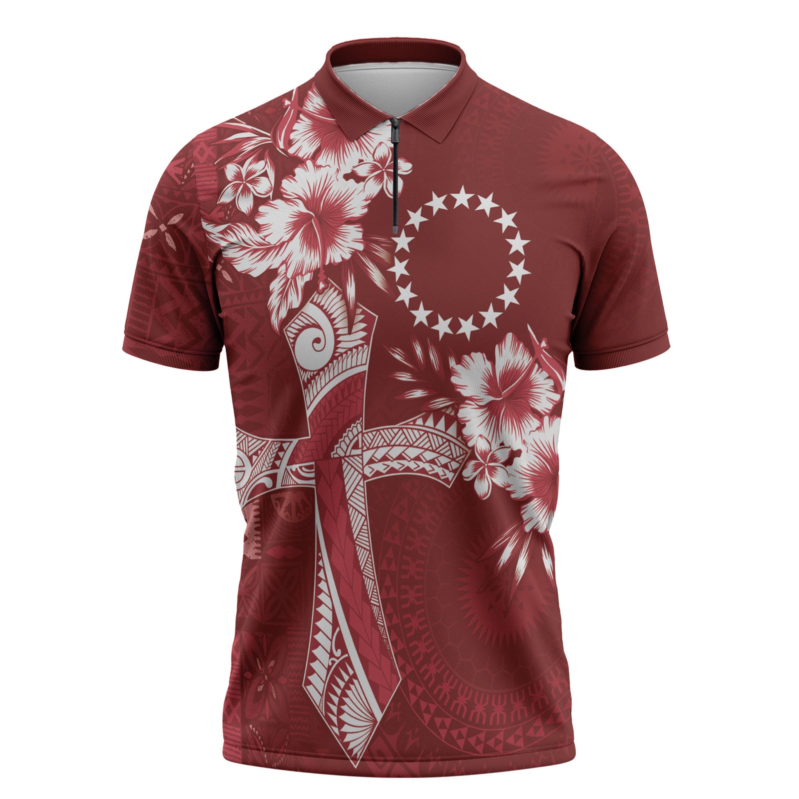 Kia Orana Cook Islands Tapa Floral With Cross Zipper Polo Shirt Crimson Red LT7 Crimson Red - Polynesian Pride