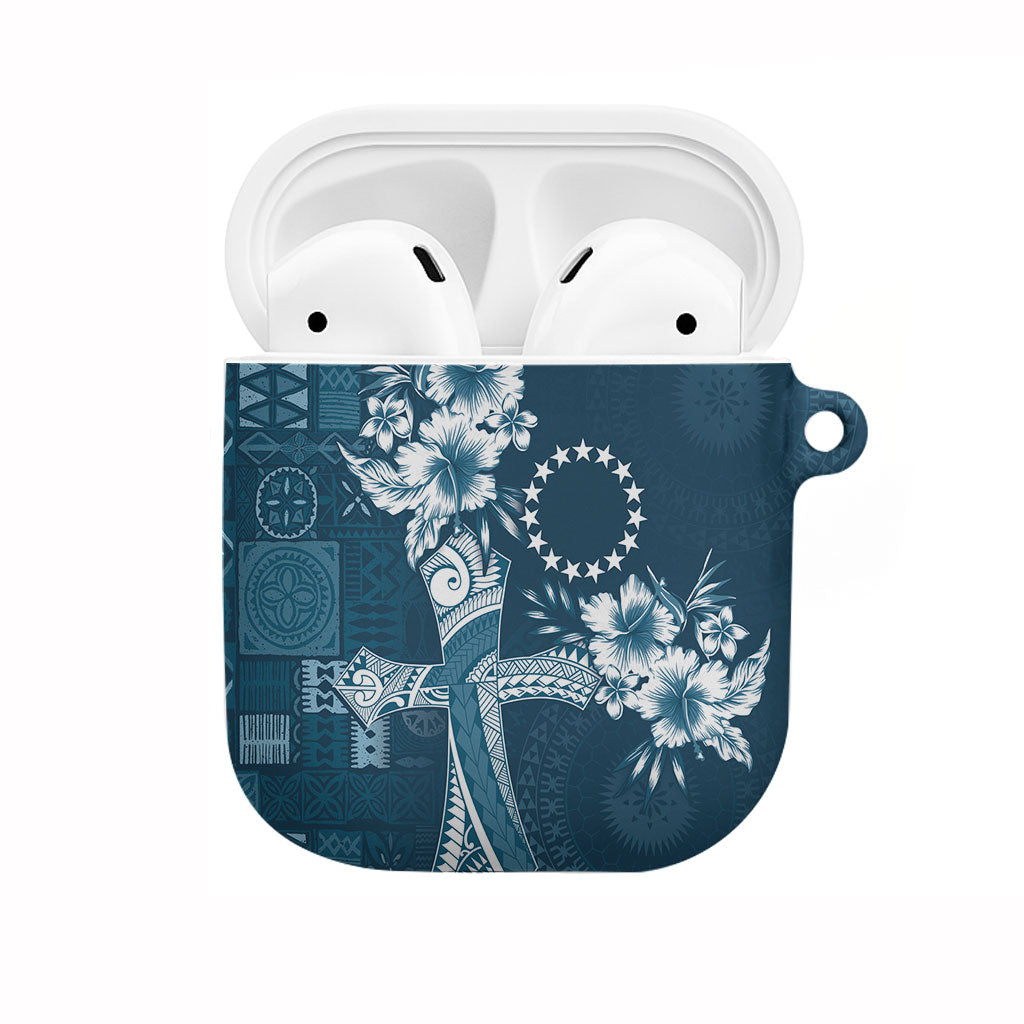 Kia Orana Cook Islands Tapa Floral With Cross AirPods Case Navy Blue LT7 Navy Blue - Polynesian Pride