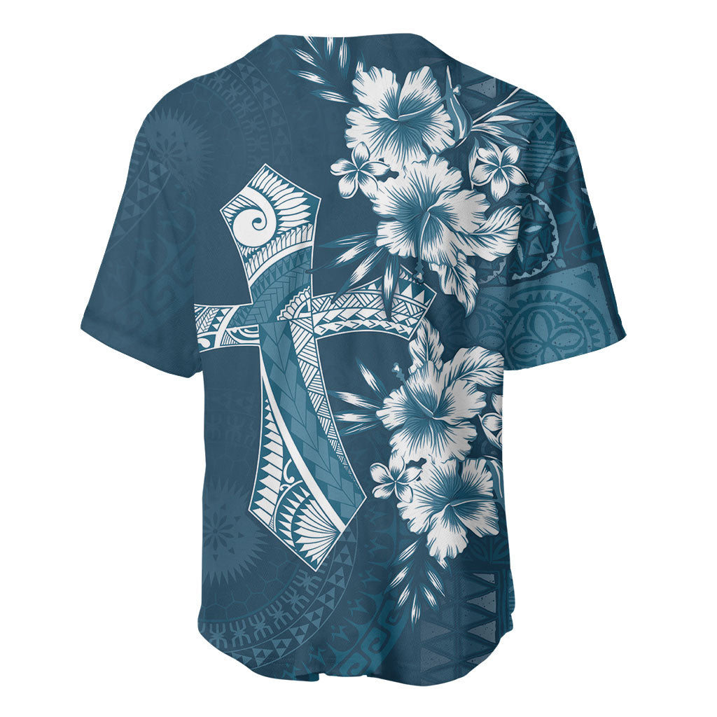 Kia Orana Cook Islands Tapa Floral With Cross Baseball Jersey Navy Blue LT7 - Polynesian Pride