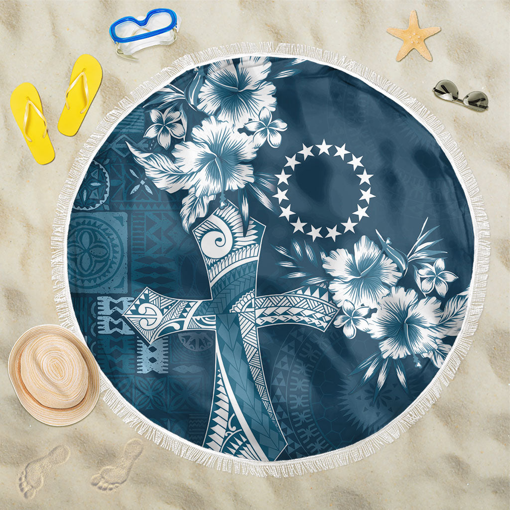 Kia Orana Cook Islands Tapa Floral With Cross Beach Blanket Navy Blue