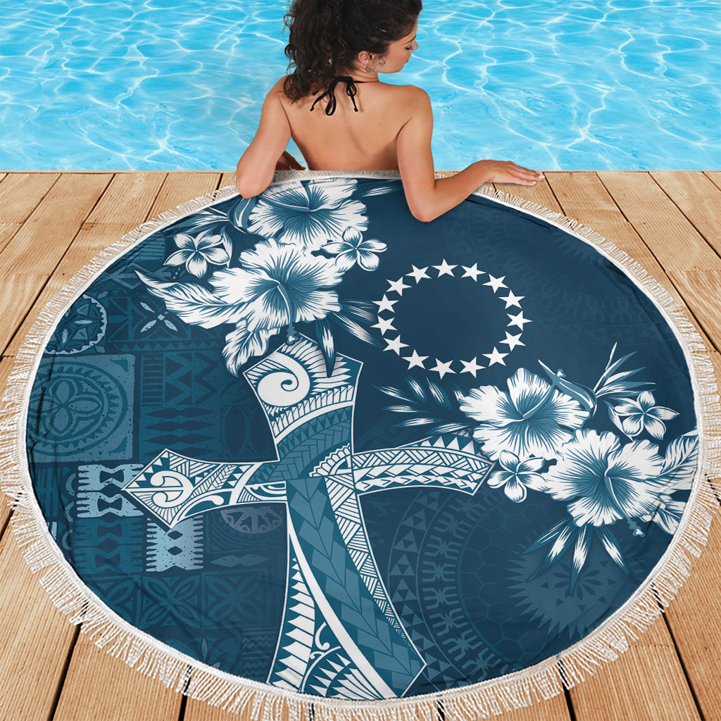 Kia Orana Cook Islands Tapa Floral With Cross Beach Blanket Navy Blue LT7 - Polynesian Pride