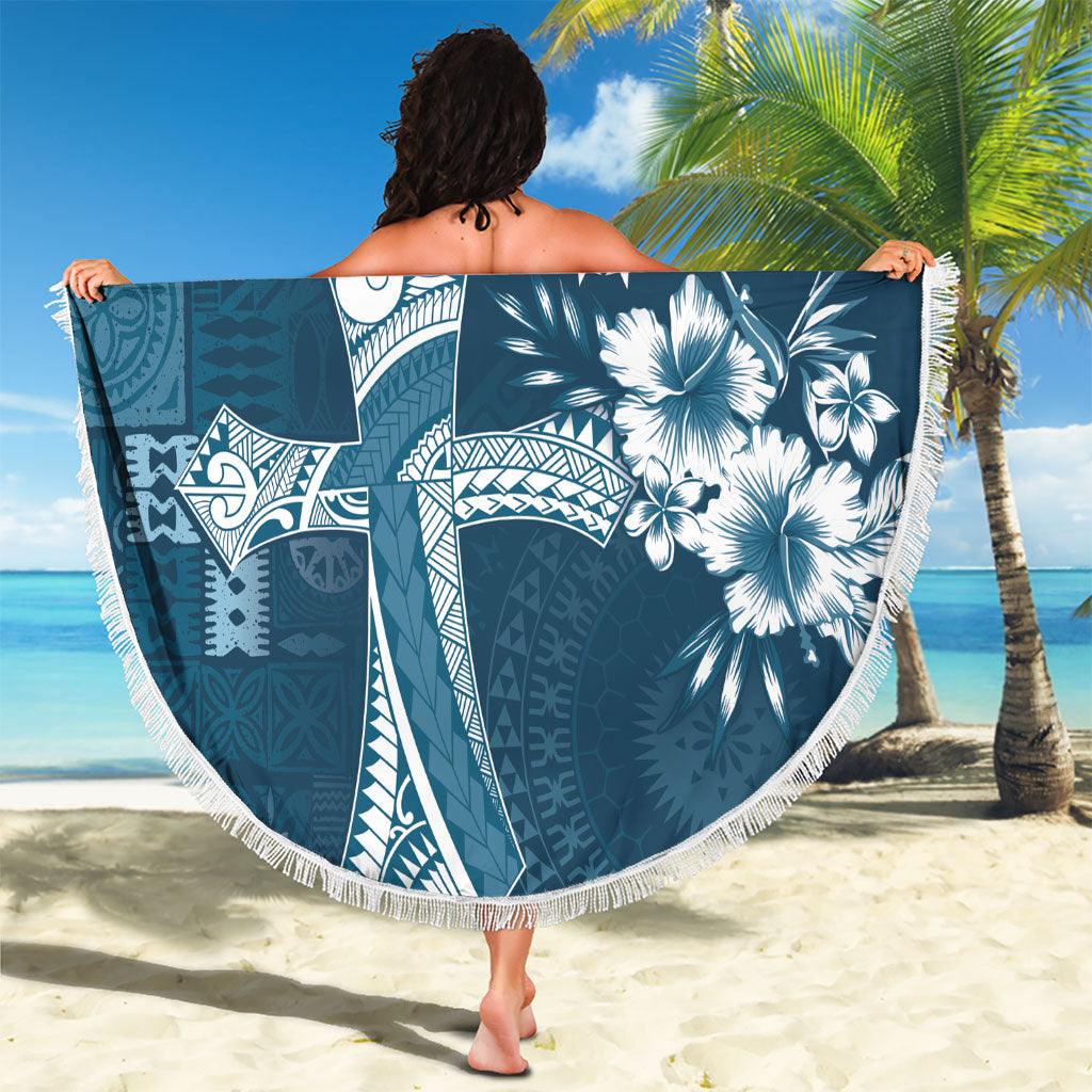 Kia Orana Cook Islands Tapa Floral With Cross Beach Blanket Navy Blue LT7 - Polynesian Pride