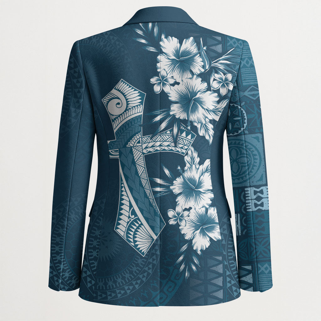 Kia Orana Cook Islands Tapa Floral With Cross Blazer Navy Blue