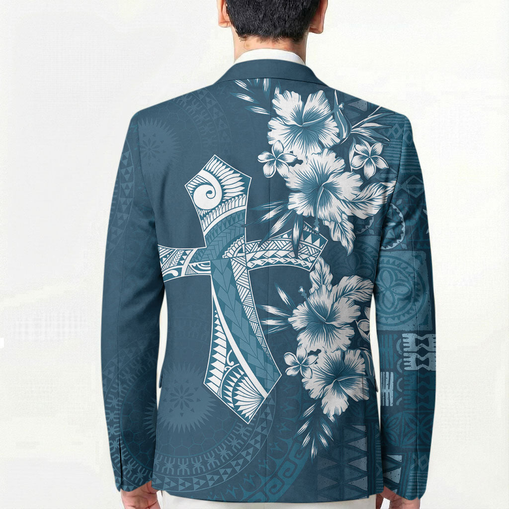 Kia Orana Cook Islands Tapa Floral With Cross Blazer Navy Blue