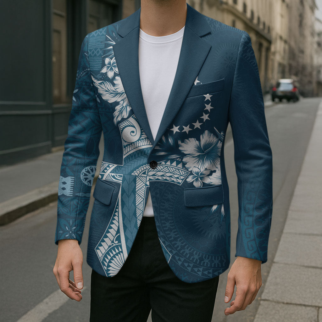 Kia Orana Cook Islands Tapa Floral With Cross Blazer Navy Blue