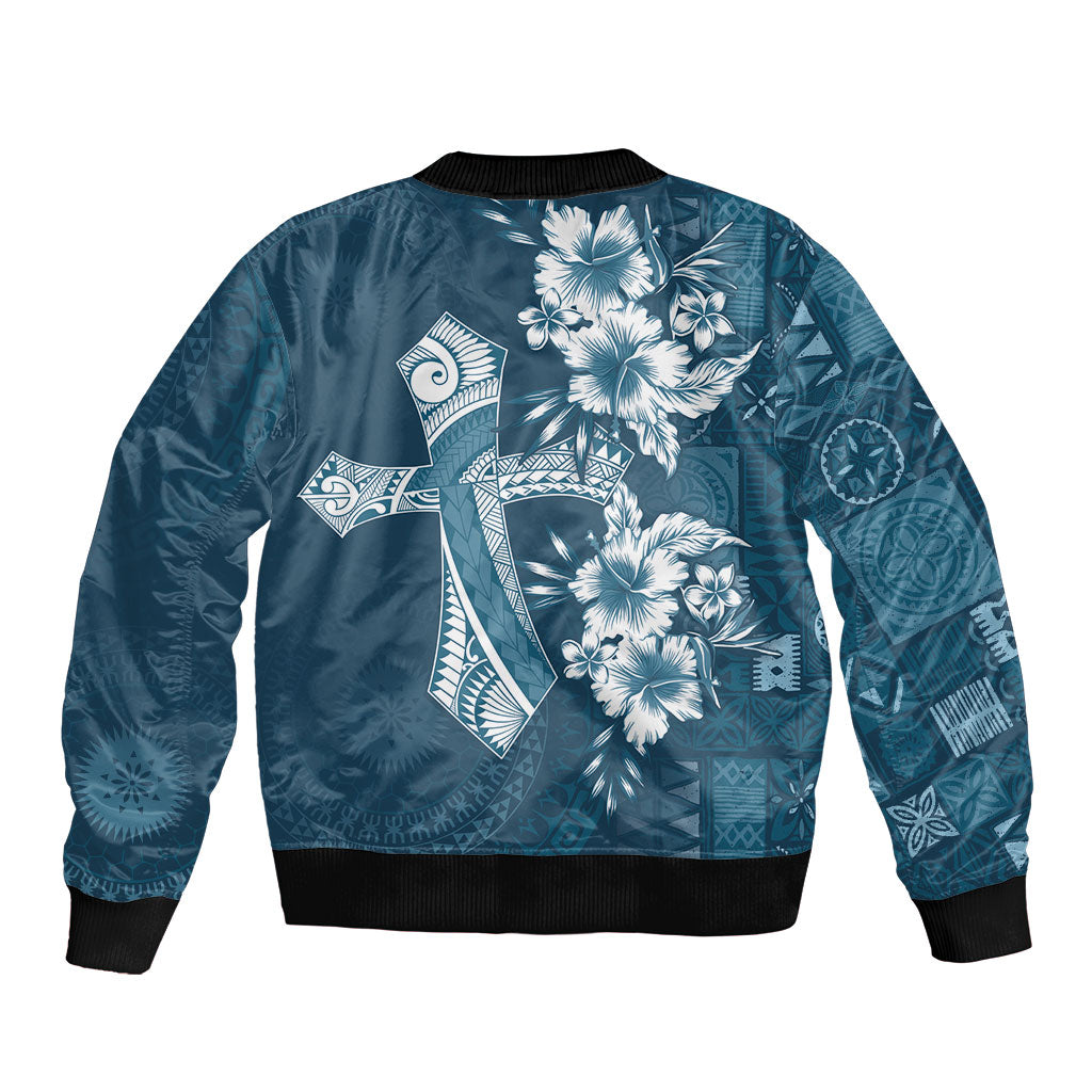 Kia Orana Cook Islands Tapa Floral With Cross Bomber Jacket Navy Blue LT7 - Polynesian Pride