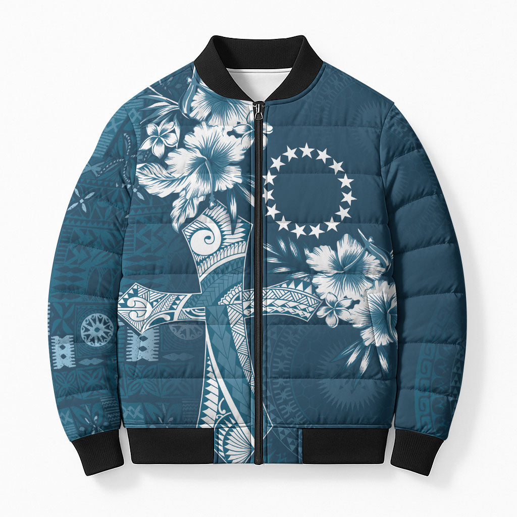 Kia Orana Cook Islands Tapa Floral With Cross Bomber Puffer Jacket Navy Blue LT7 Unisex Navy Blue - Polynesian Pride