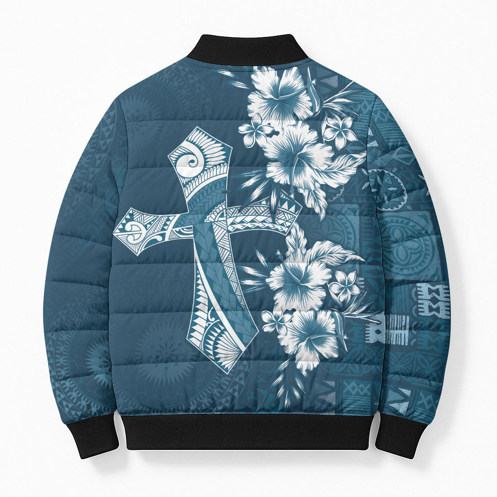 Kia Orana Cook Islands Tapa Floral With Cross Bomber Puffer Jacket Navy Blue LT7 - Polynesian Pride