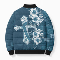 Kia Orana Cook Islands Tapa Floral With Cross Bomber Puffer Jacket Navy Blue LT7 - Polynesian Pride