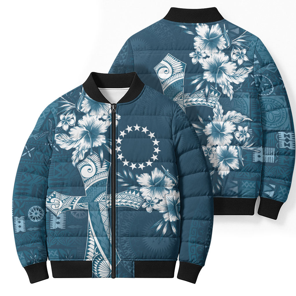 Kia Orana Cook Islands Tapa Floral With Cross Bomber Puffer Jacket Navy Blue LT7 - Polynesian Pride