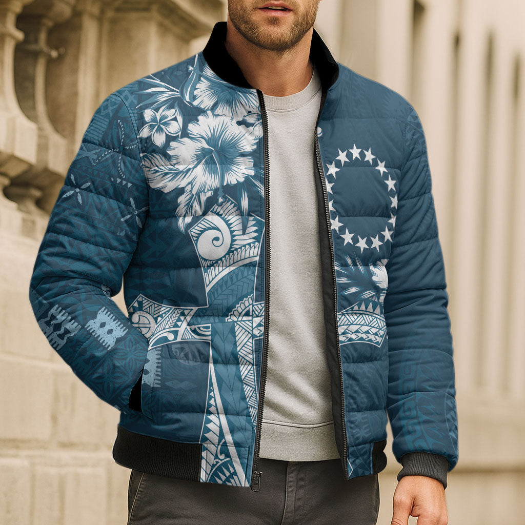 Kia Orana Cook Islands Tapa Floral With Cross Bomber Puffer Jacket Navy Blue LT7 - Polynesian Pride