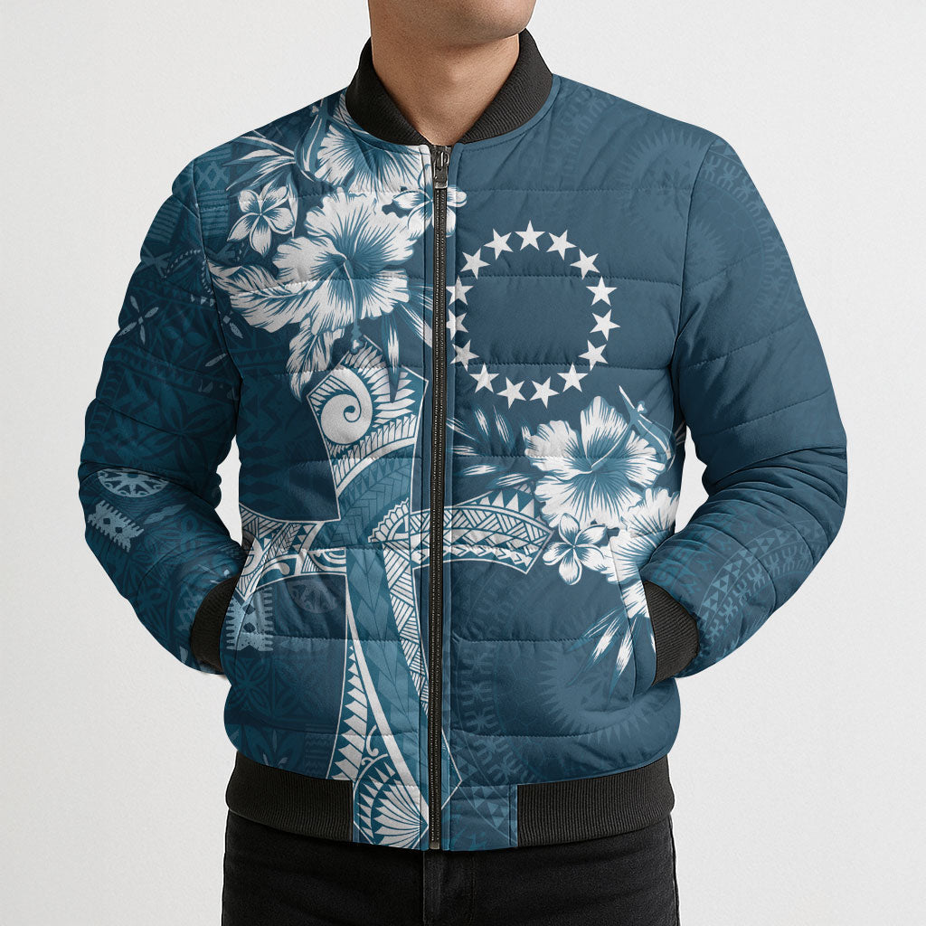 Kia Orana Cook Islands Tapa Floral With Cross Bomber Puffer Jacket Navy Blue LT7 - Polynesian Pride